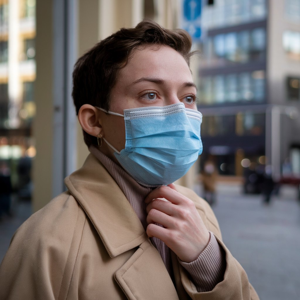 A person wearing a mask outdoors to prevent spreading infections during an HSV flare-up.